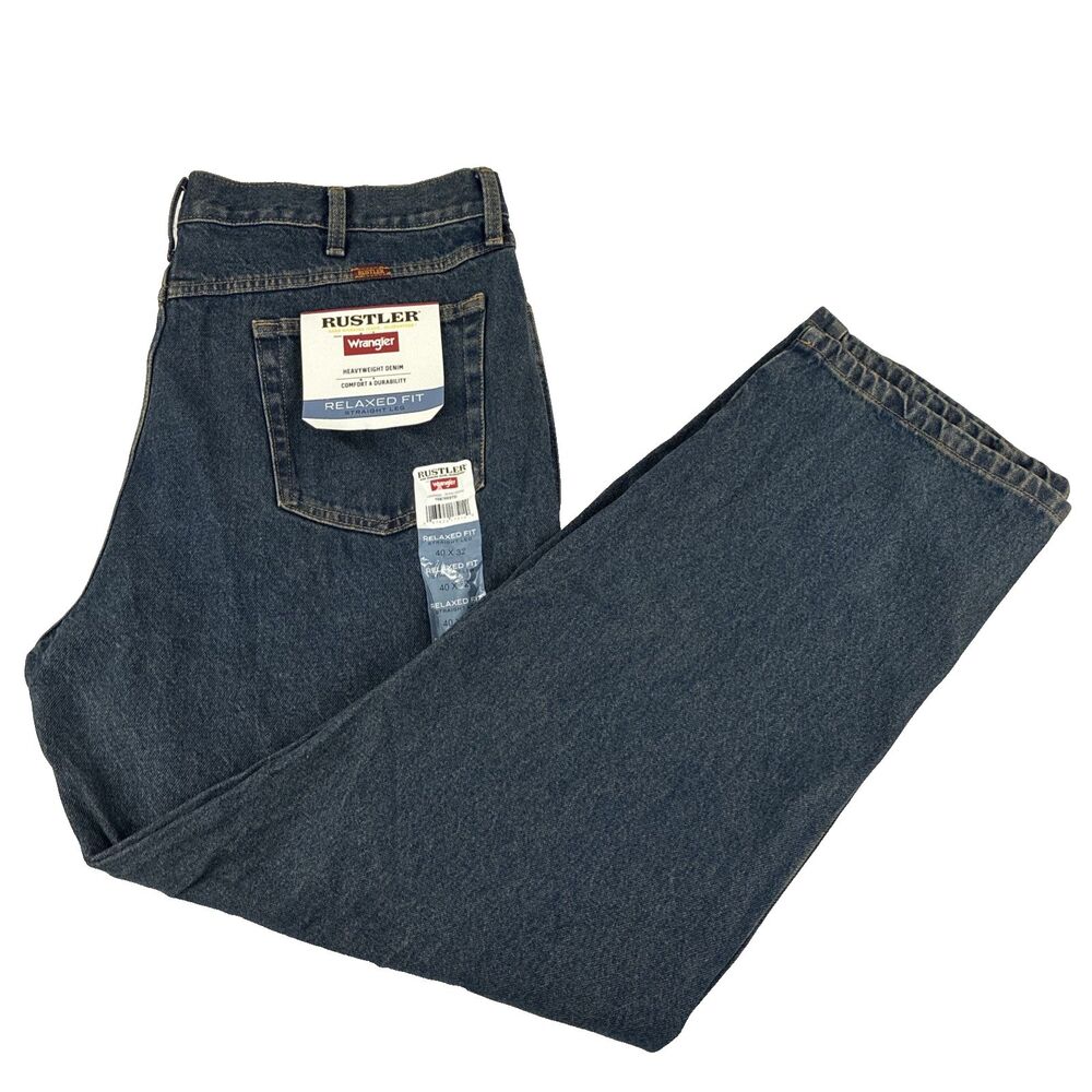 New Mens Rustler Wrangler Relaxed Fit Straight Dark Wash Denim Jeans 40x32 NWT
